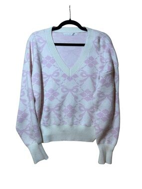 Altar'd State Light Pink & Cream V-Neck Patterned Knit Sweater